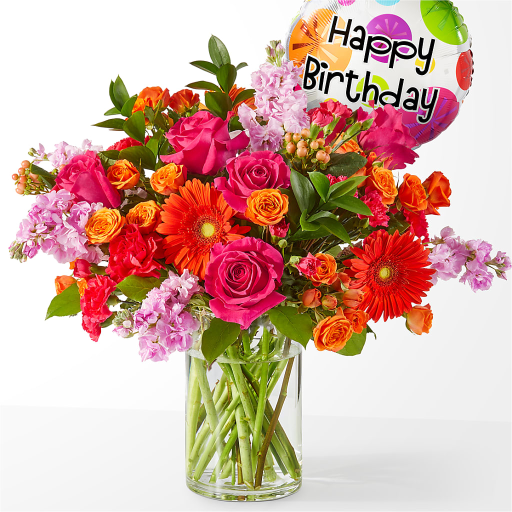 Fiesta Bouquet with Birthday Balloon – Wolf Luna Bloom Llc, Plant City FL