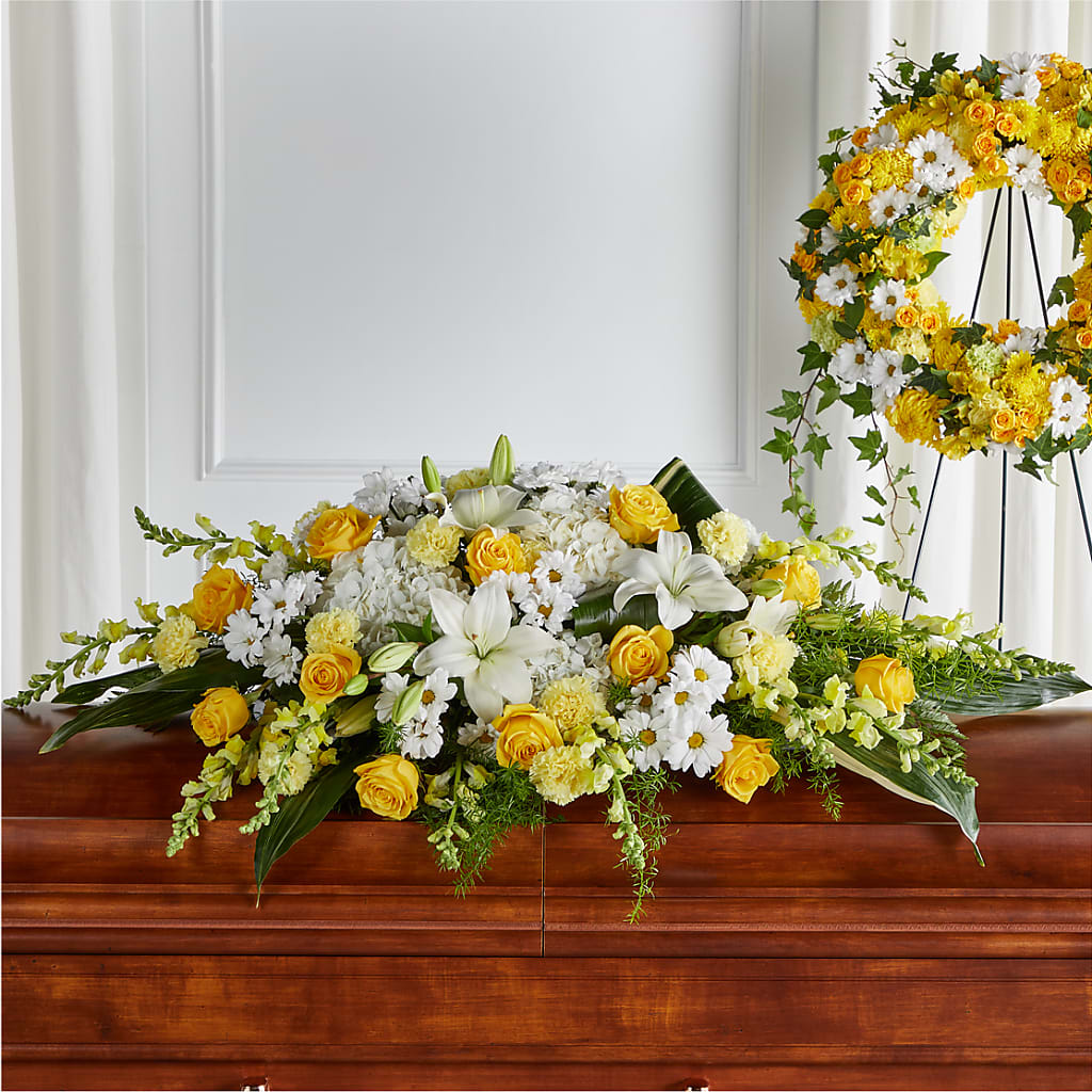 Golden Harmony Casket Spray – Wolf Luna Bloom Llc, Plant City FL